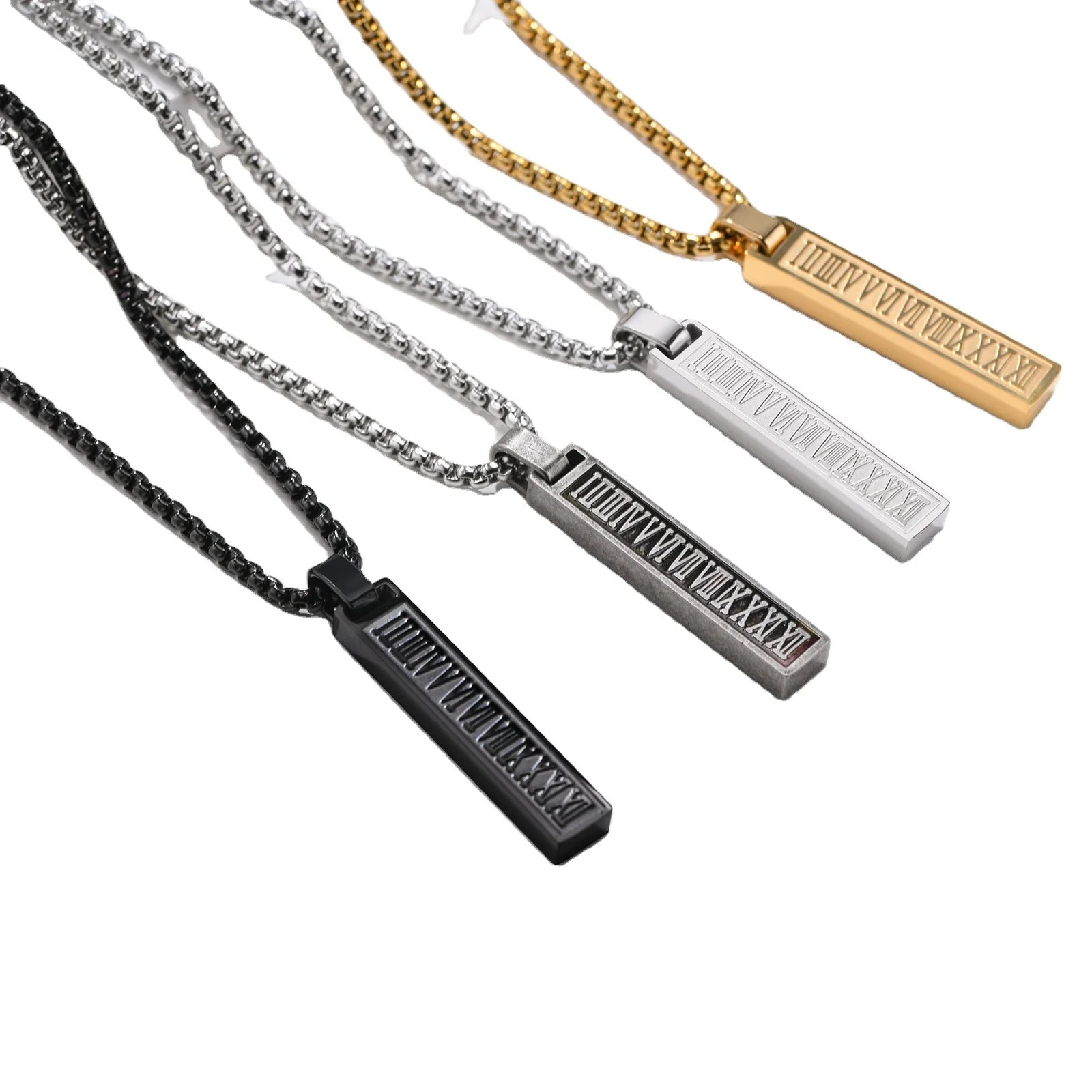 Chic Box 18K Gold Plated Stainless Steel Roman Numeral Letter Bar Pendant 3D Vertical Geometric Design Party Personalized Pearl