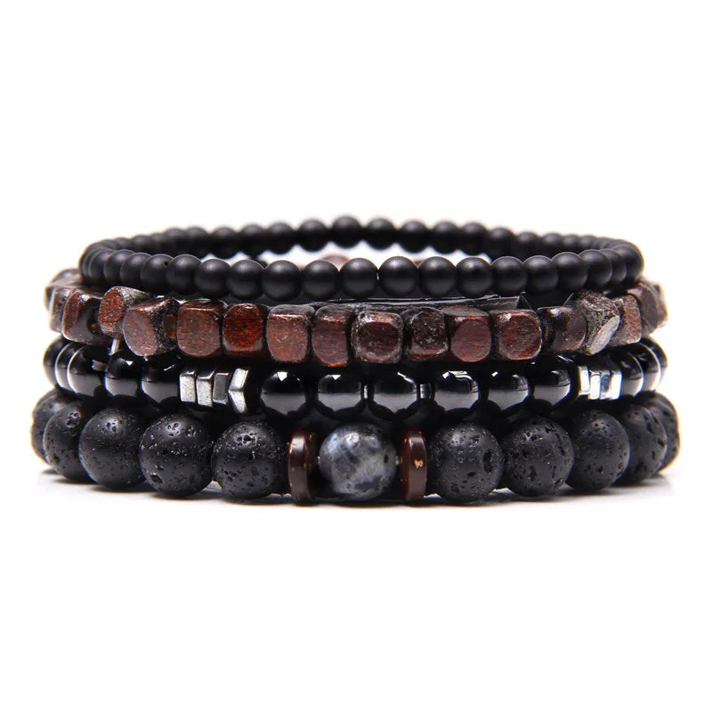 Handmade Men's Fashion lava Stone Wood Hematite Black Agate Wooden Beads Beaded Bracelet Male Bracelet Set Jewelry