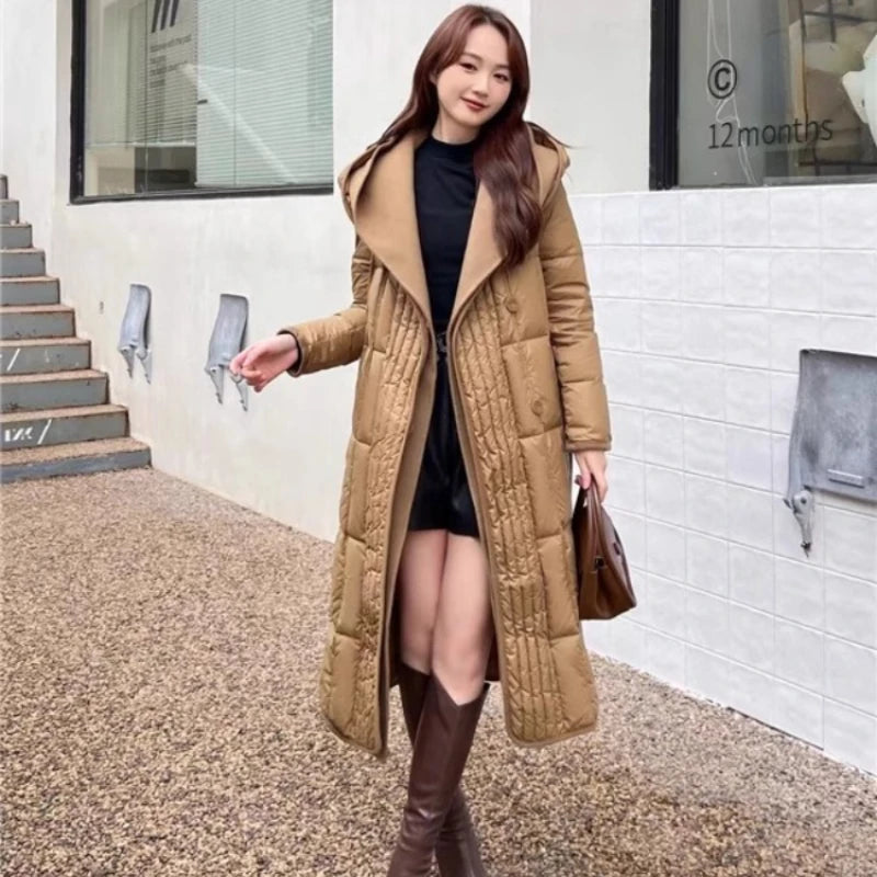 Oftbuy 2023 Winter Women X-long  Goose Feather Down Jacket Luxury Loose Elegent Coat Belted Hooded Detachable Big Hemline Coat
