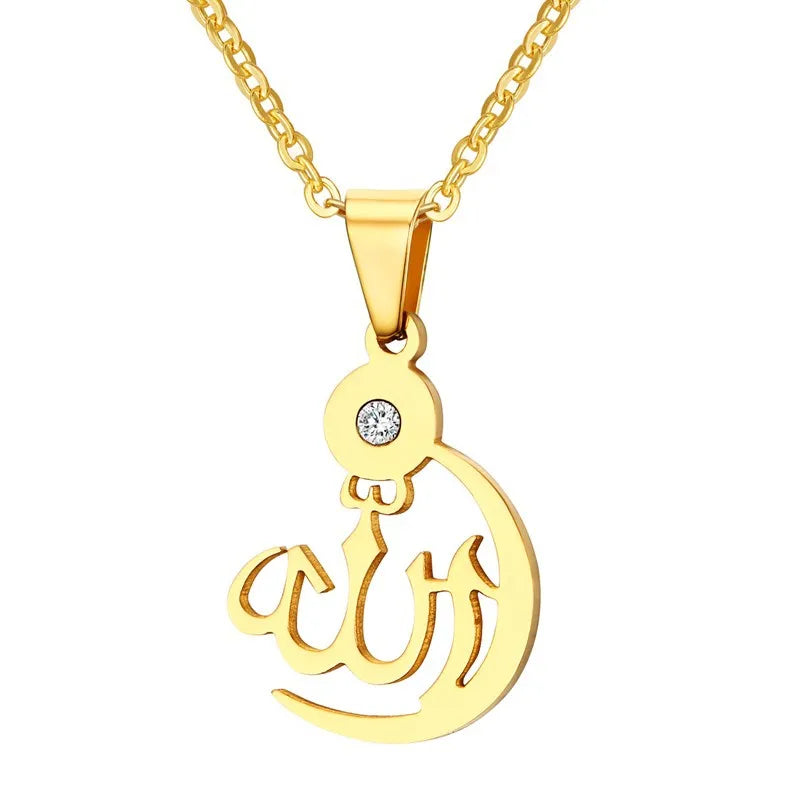 Religious Jewelry Stainless Steel Inlaid Zircon Islam God Allah Pendant Necklace
