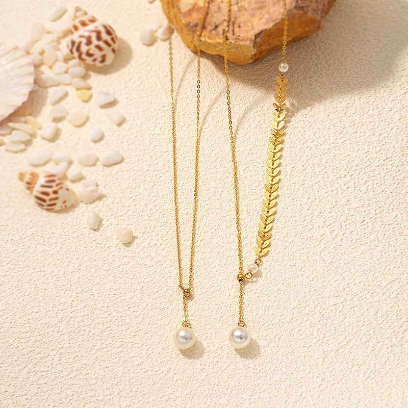 Trendy 18K Gold Plated Stainless Steel Pendant Necklace for Women Gorgeous Geometric Square Fashion Accessory Link Chain Pearl
