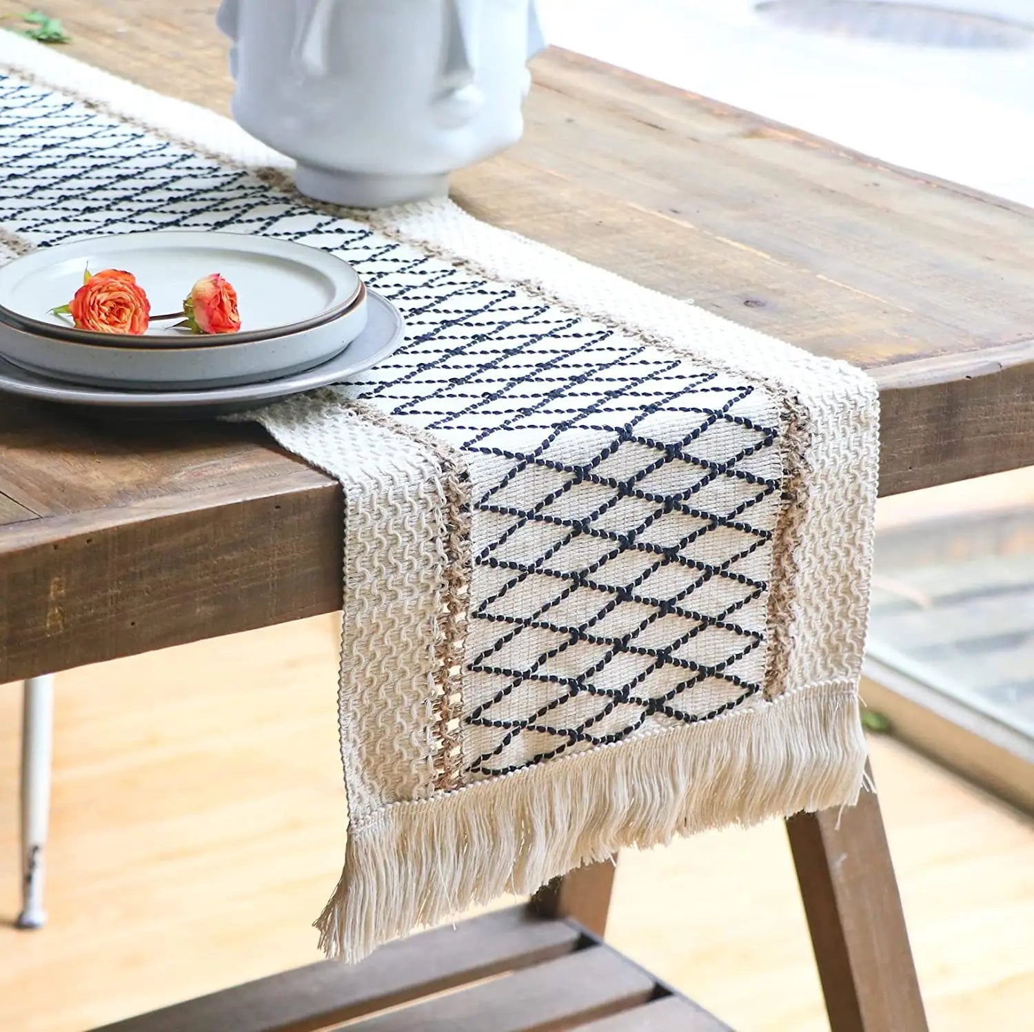 Woven Plaid Party Handmade Table Runner Jute Dining Red Bohemian Luxury Decorations Macrame and Placemat Set