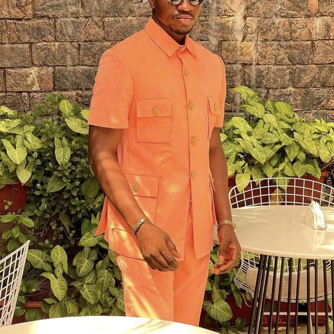 Summer Bright Orange Men Suits Short Sleeves With Pants Classic Casual Male Set Slim Wear Latest Design Suitsupply Custom Made