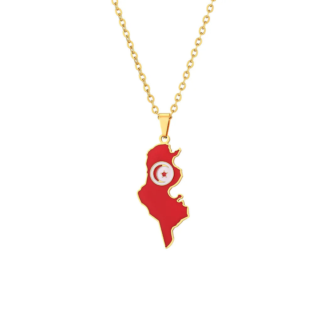 Enameled Tunisia Map Chain Necklaces Stainless Steel 18k Gold Plated Enamel Tunisia National Flag Map Pendant Necklace
