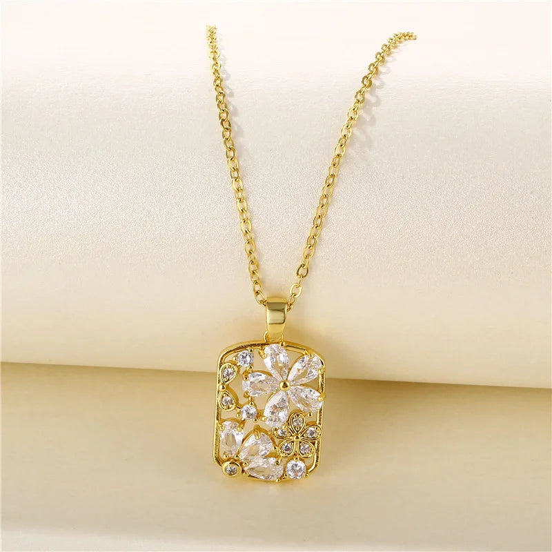 2022 New Fashion Geometric Flower Pendant Necklace Hollow Rectangle Zircon Stainless Steel Jewelry Necklace for Women and Girls