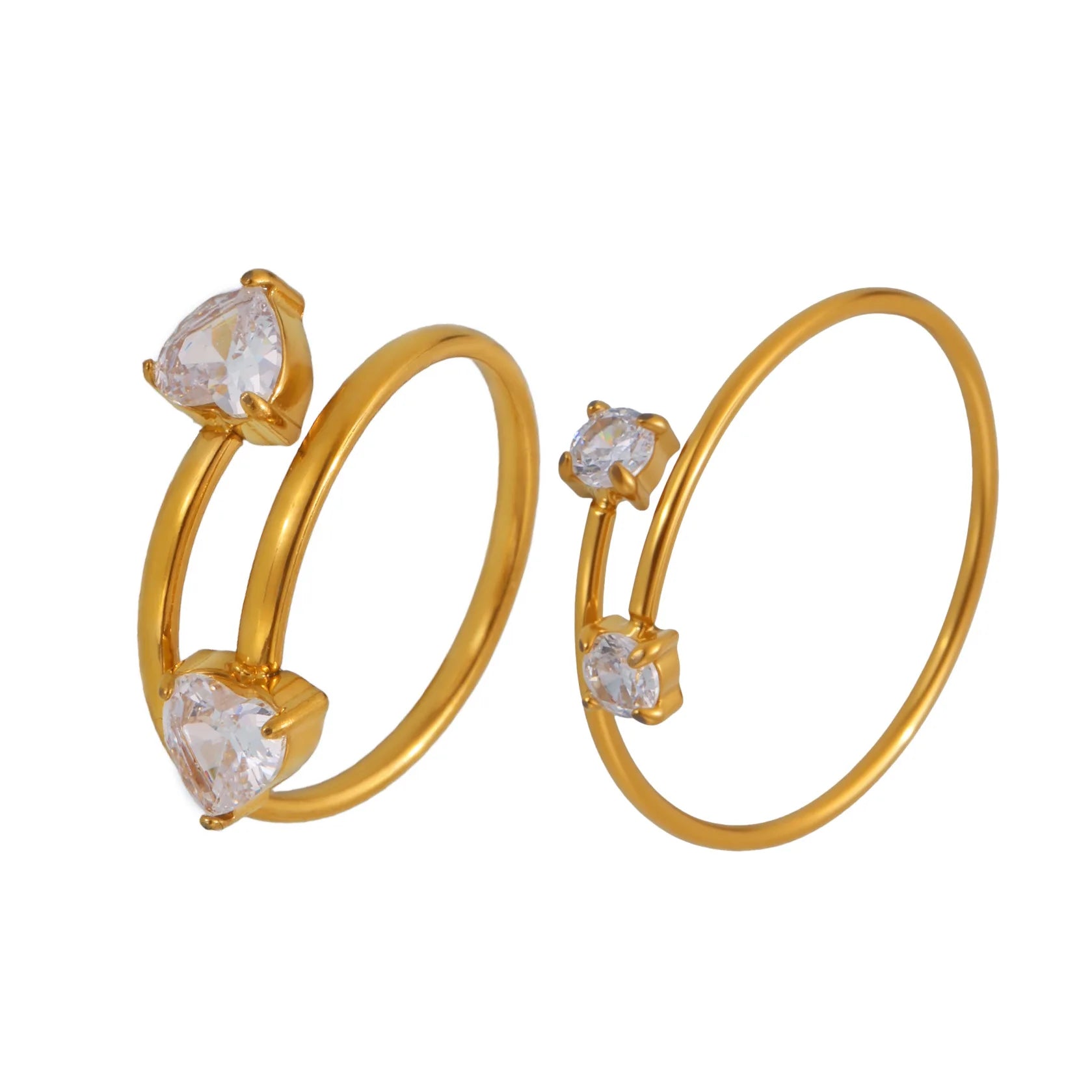 Stainless Steel Waterproof 18K Gold Plated Jewelry Fashion Geometric Heart Shaped Zircon CZ Adjustable Open Ring for Women