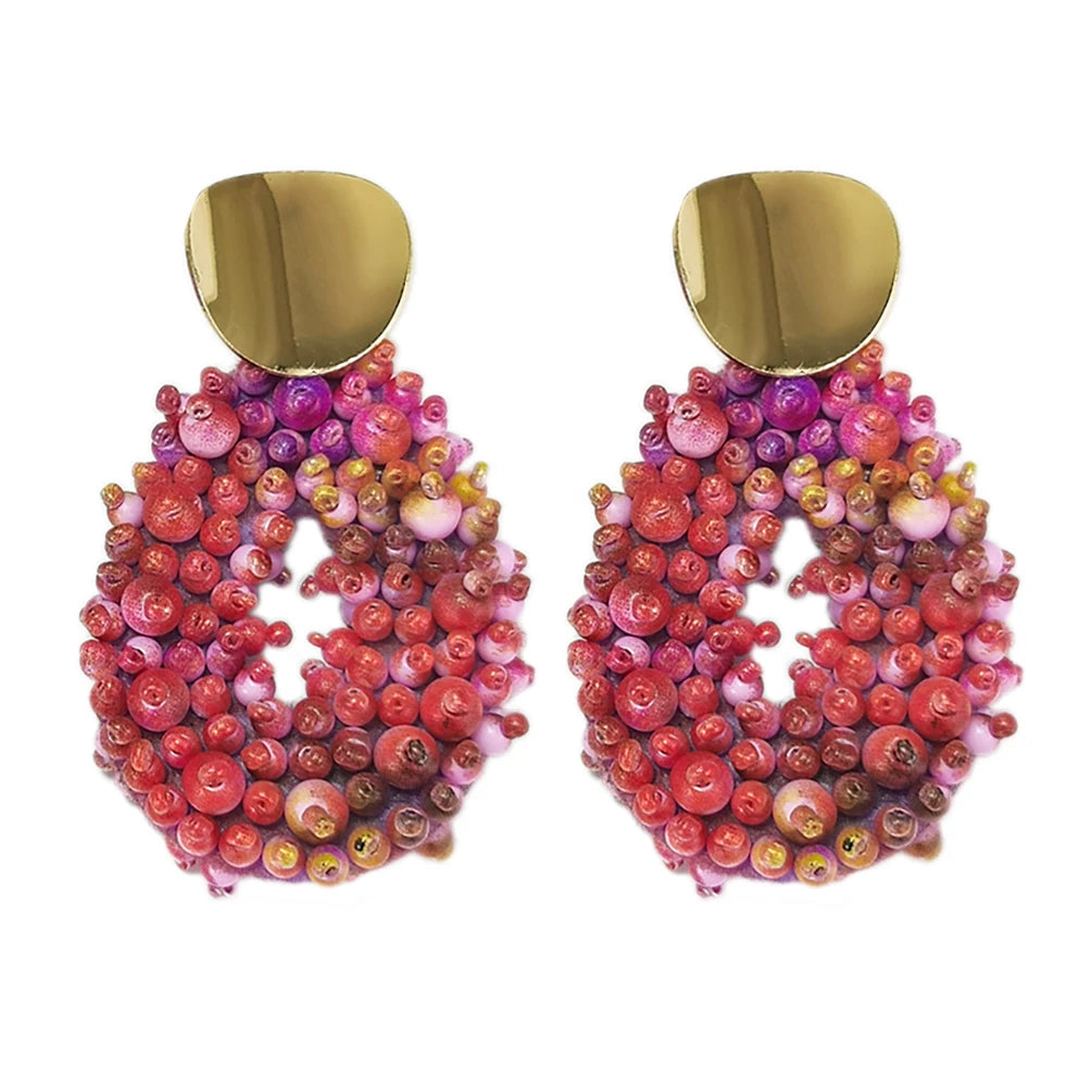 Boho Gradient Multicolor Beads Drop Earrings for Women Statement Beaded Hoop Earrings Metal Stud Pendants Party Jewelry Gifts