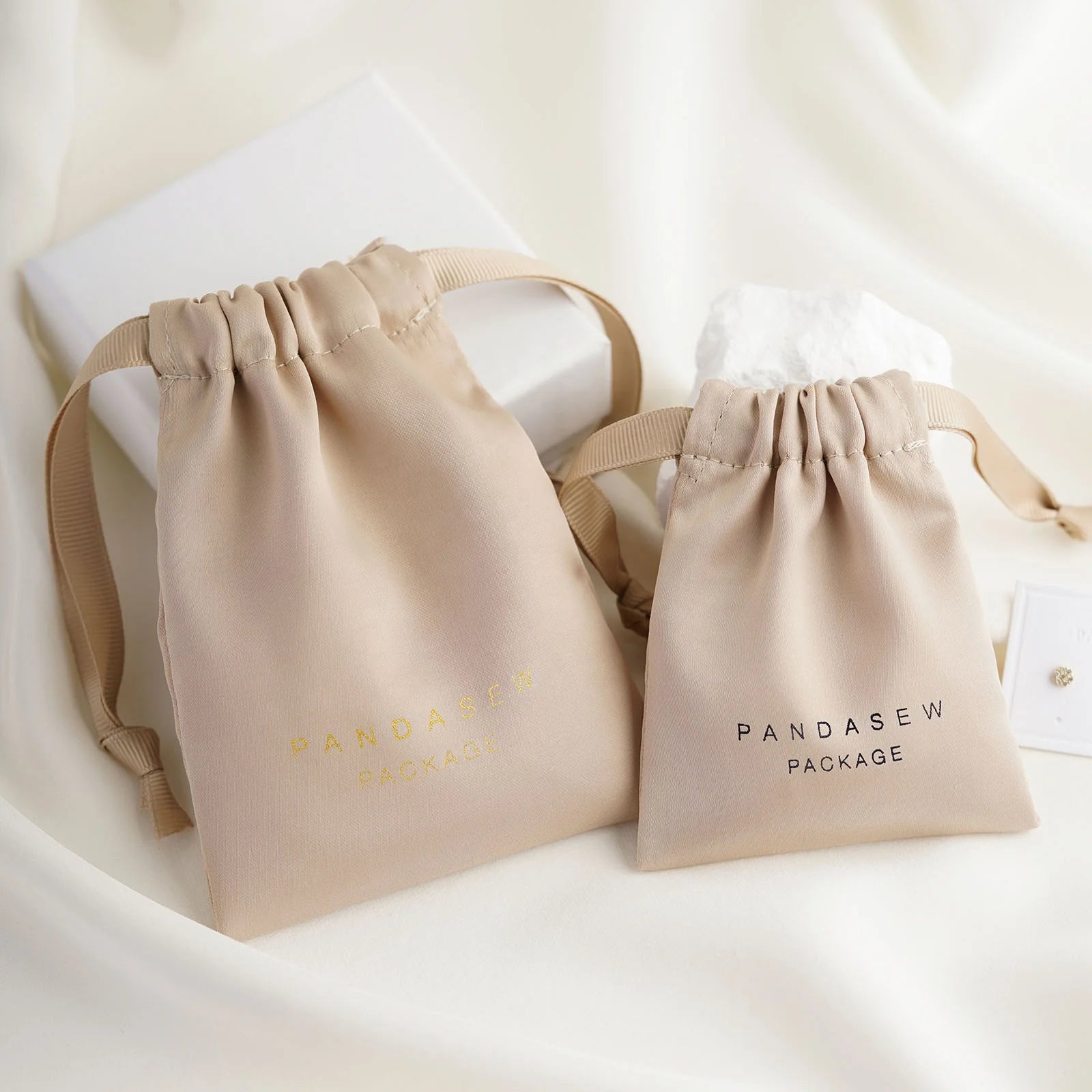 PandaSew Luxury Khaki Dense Silk Satin Bag Jewelry Package Gift Pouch Drawstring Bag with Custom Logo