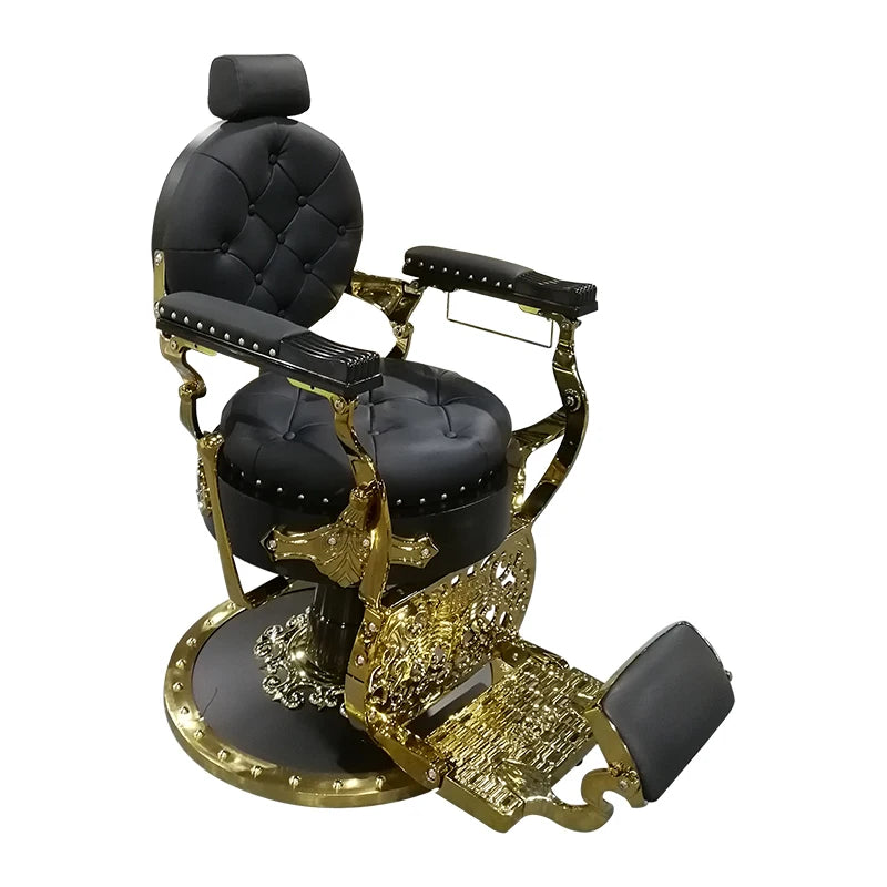 Classic Black and Gold Reclining Barber Chair Synthetic Leather Salon Furniture for Workshops