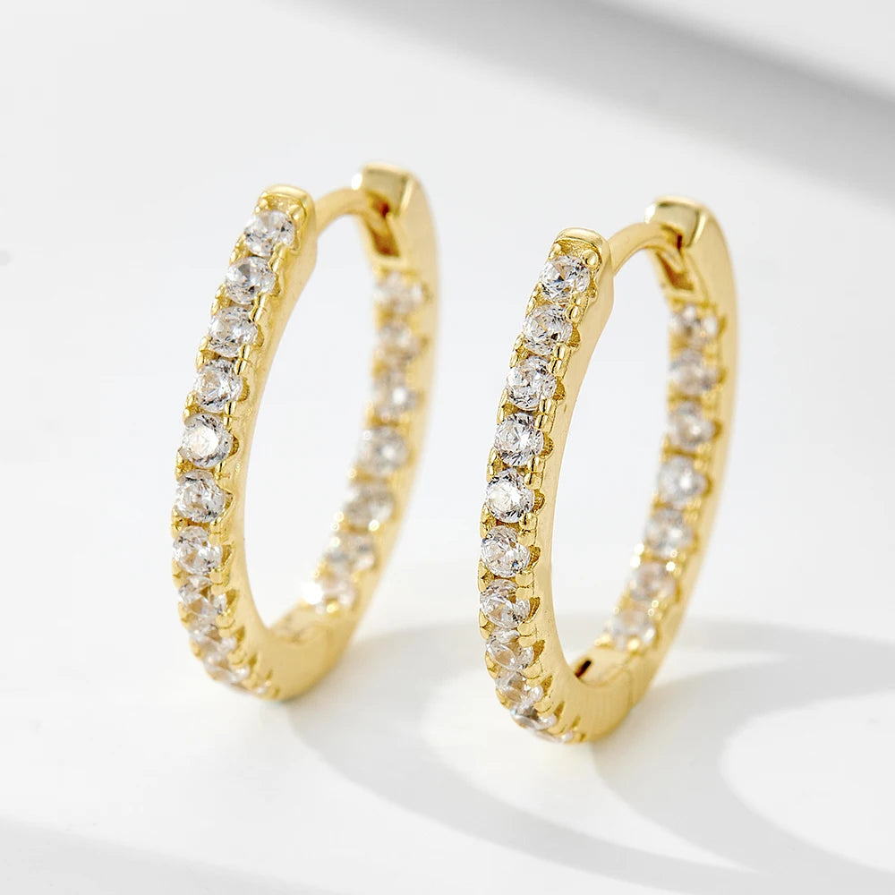 New Fashion Women's S925 Sterling Silver Huggie Hoop Earrings Daily Wear White CZ Pave Single Row Gold & Rhodium Plated Earrings