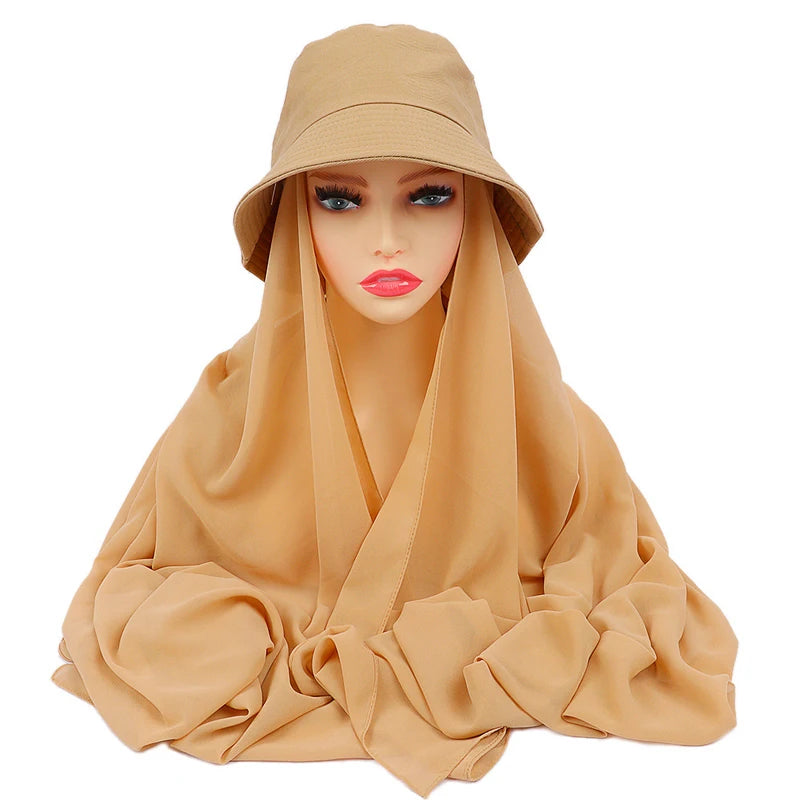 Fisherman Caps Matching Hijab Instant Shawl Muslim Women Bucket Hat Chiffon Instant Hijab Scarf