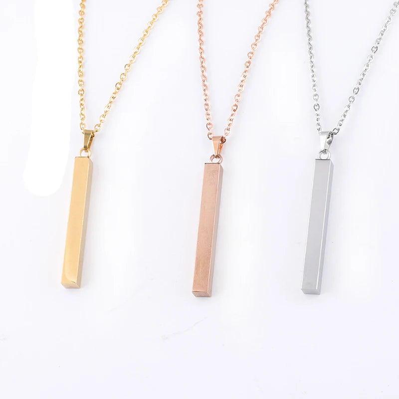 Personalised Custom Name Customized Stainless Steel Thin Vertical Bar Pendant Chain Necklace