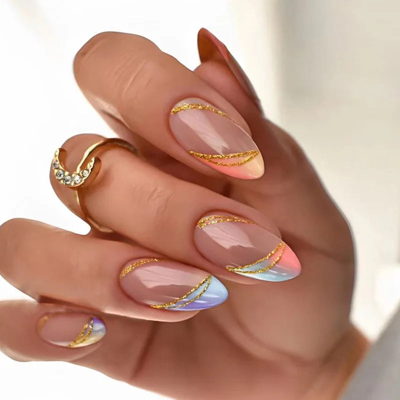 High Quality Glossy Almond Gel Press on Pre-glue False Nails Custom Press on Nails Wholesale Nails
