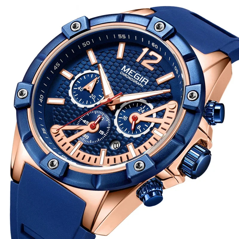 Megir 2083 Men Fashion Blue Sport Quartz Clock Mens Watches Luxury Silicone Business Waterproof Watch Relogio Masculino New