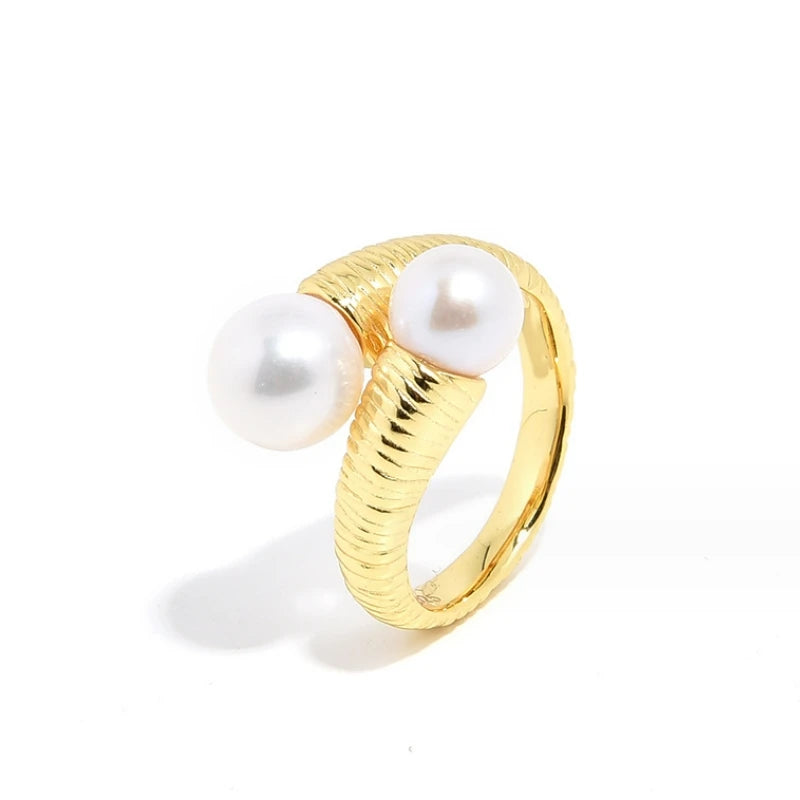 Fine Jewelry Round Freshwater Pearl Ring Sterling Silver 925 Jewellery Pearl Rings Gold Plated Pearl Jewelry