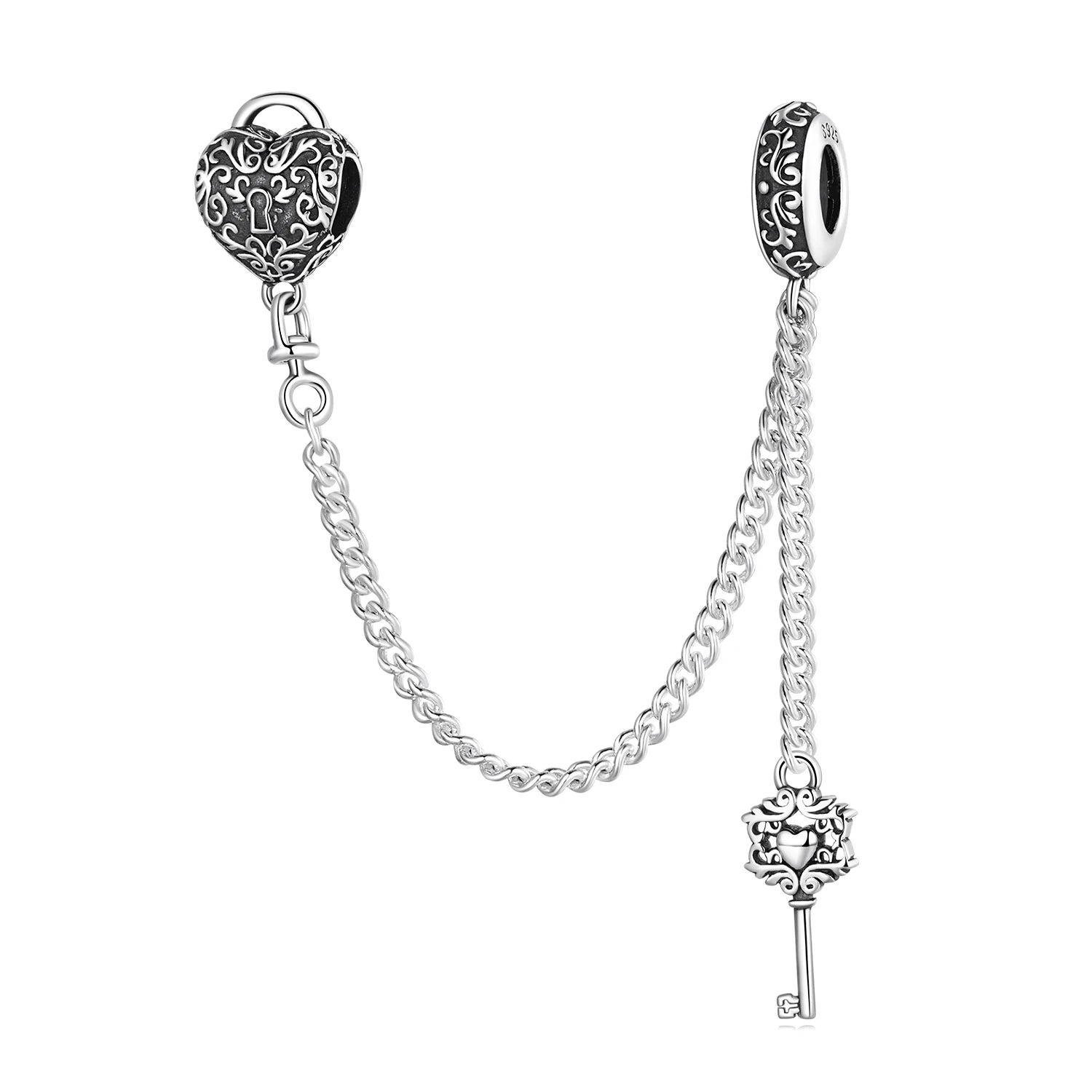 HOT 925 Sterling Silver Vintage Pattern Heart Lock & Key Silicone Safety Chain Fit Original Charm Beads Bracelet Jewelry SCC2320