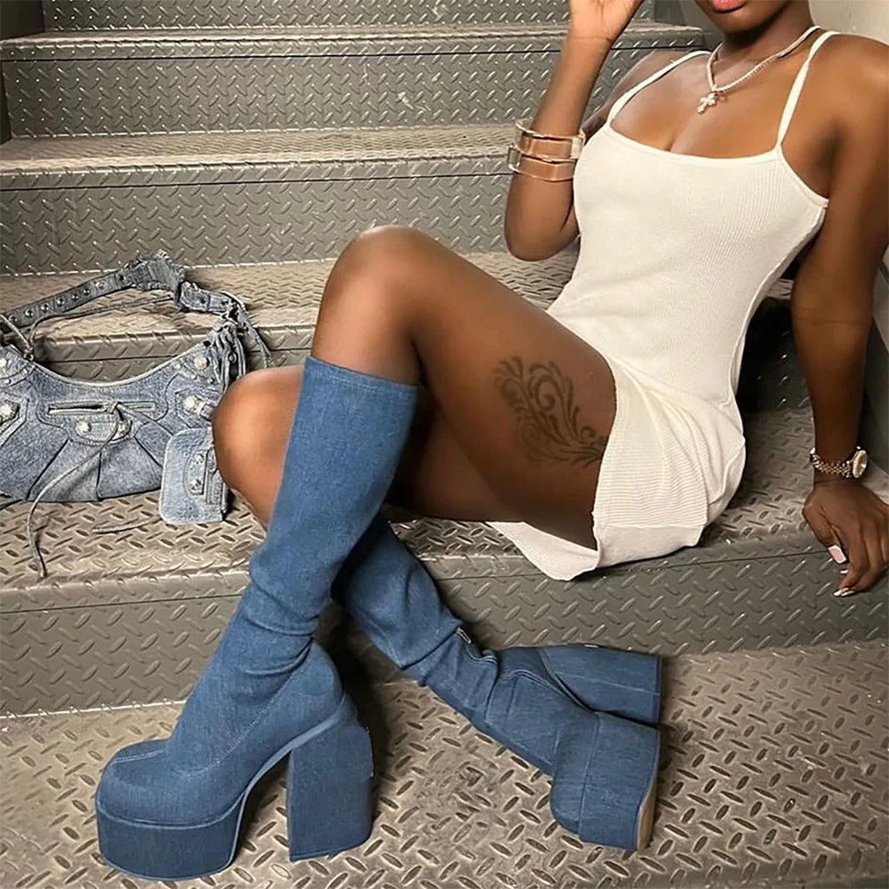 BUSY GIRL HG4376 Denim Knee High Boots Women Square Toe Thick High Heels Platform Women Designer Shoes Booties Stretch Boots