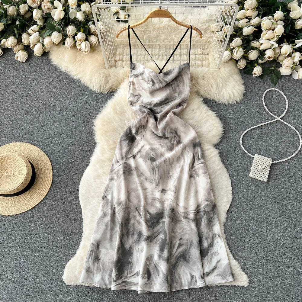 Chinese Style Ink Painting Printing Suspender Sleeveless Dress Women's New Summer Buttock Fishtail Skirt