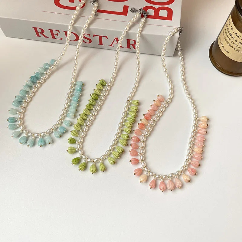 Summer Style Handmade Beaded Pearl Necklace Flower Pearl Clavicle Chain Mint Green Tulip Flowers Tassels Necklace