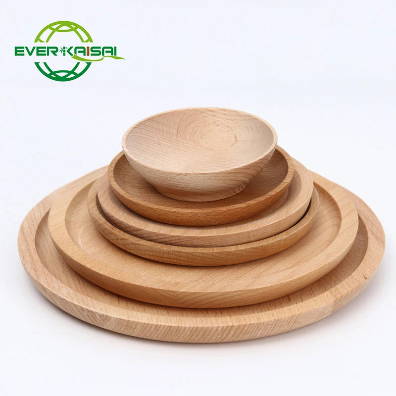 6 Sizes - Beech Round Wooden Serving Trays Classic Plates for Snack Dessert Steak Fruit Salad Platter Vegetable Food Dish.