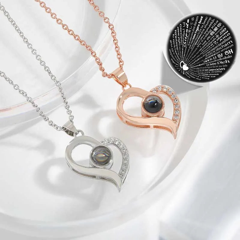 Hypoallergenic Valentines Day Gifts Heart Shape Projection Necklace Rose Gold I Love You Necklace 100 Languages Projection Heart