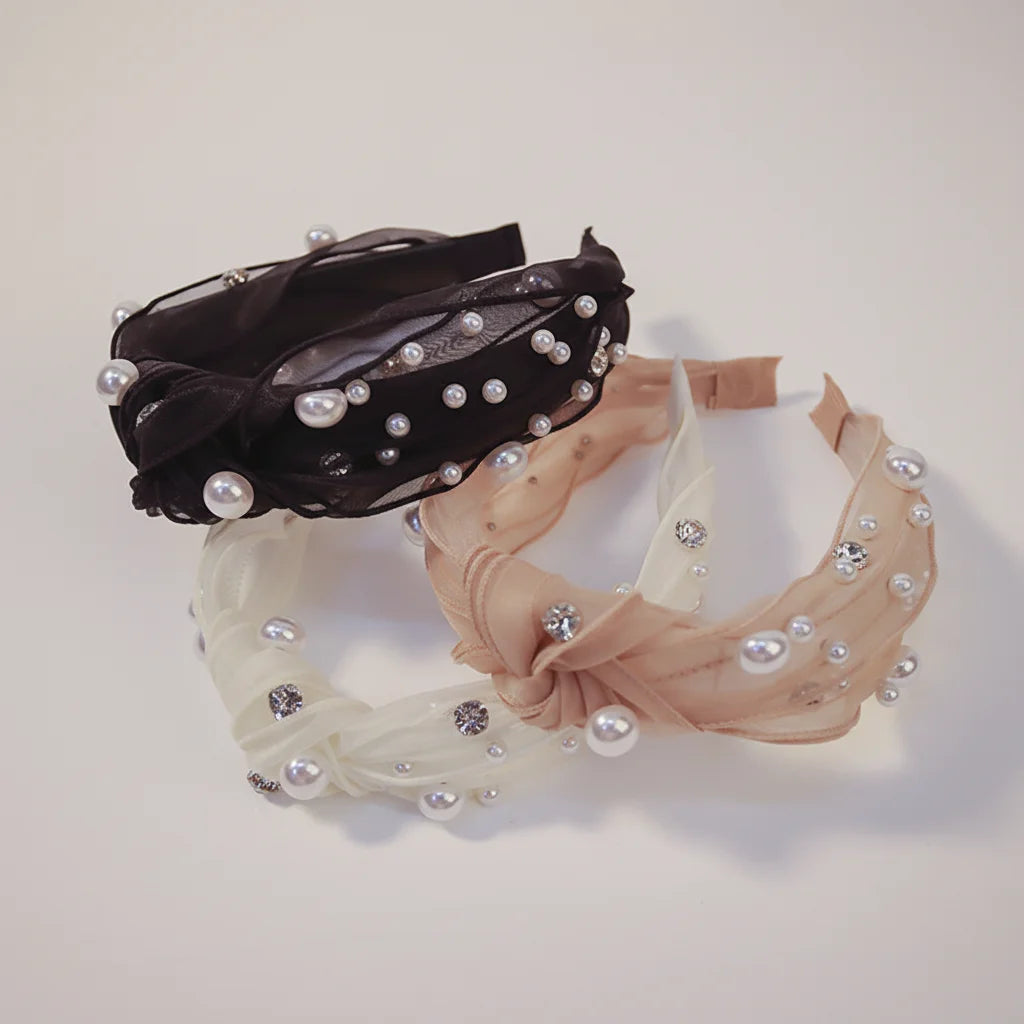 Hot Sale Women Headwear Rhinestone Hair Hoop Crystal Pearl Mesh Organza Headband