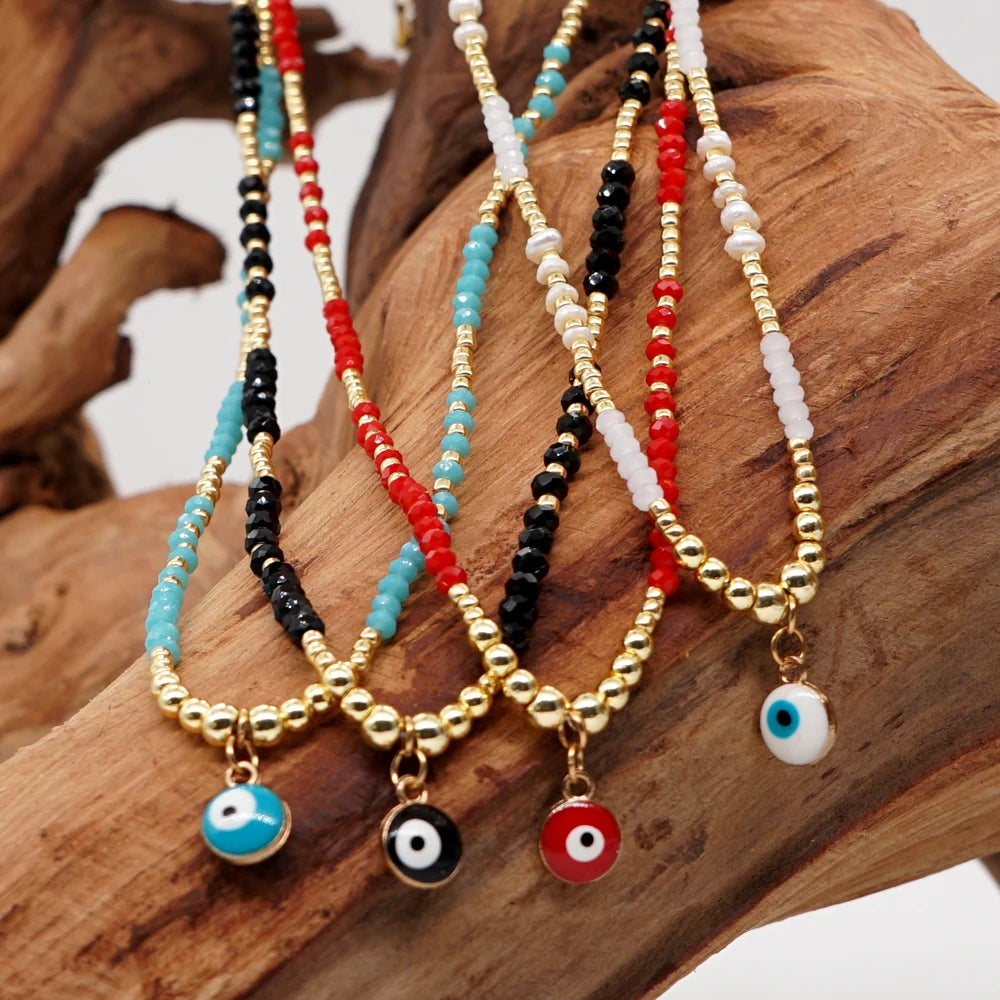 Go2BoHo Evil Eye Charm Gold Plated Beaded Necklace Crystal Choker Pendant Women Fashion Jewelry Tiny Glass Seed Bead  Necklace