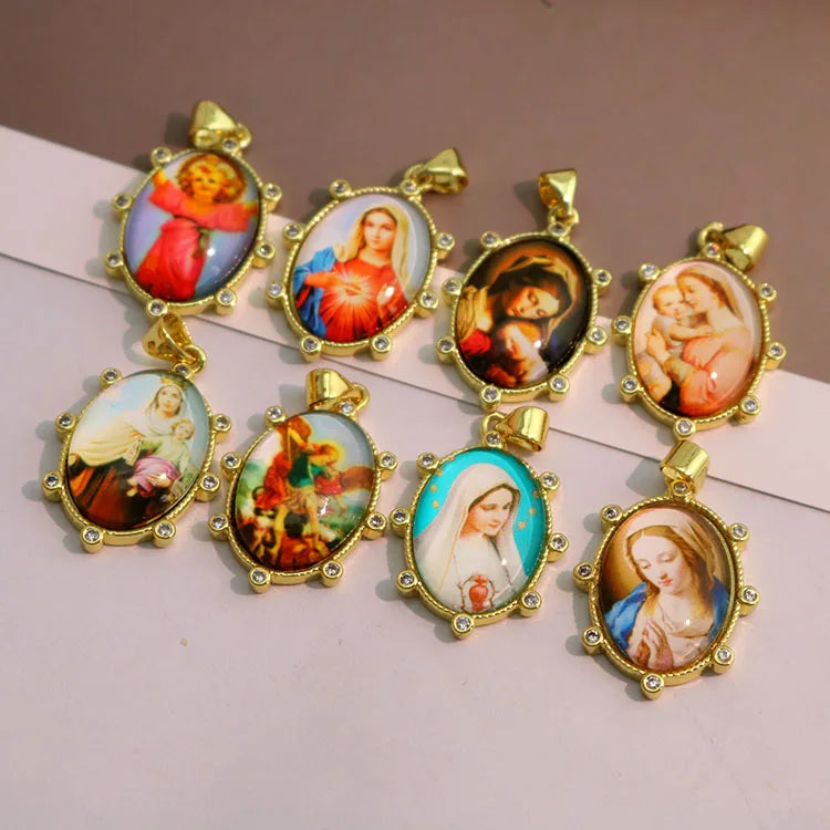 CZ8711 Gold Plated CZ Paved Our Lady of Guadalupe Necklace Virgin Mary Religious Catholic Glass Bezel Art Pendant