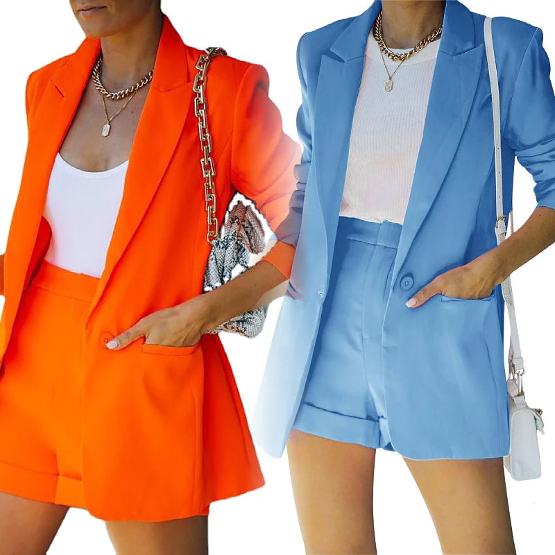 Women's Above Knee Two Piece Blazer Top & Shorts Set Casual Lapel Cardigan Waterproof Breathable Suit