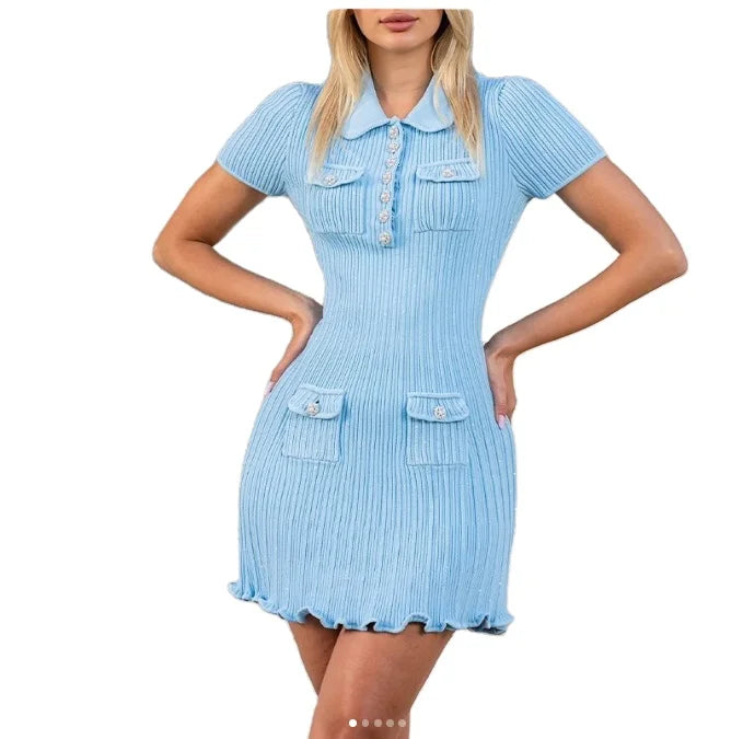 A9644 Fast Shipping 2025 Latest Summer Casual Dress Knit Cotton Solid Color Dresses Short Sleeve Elegant Women Mini Dresses