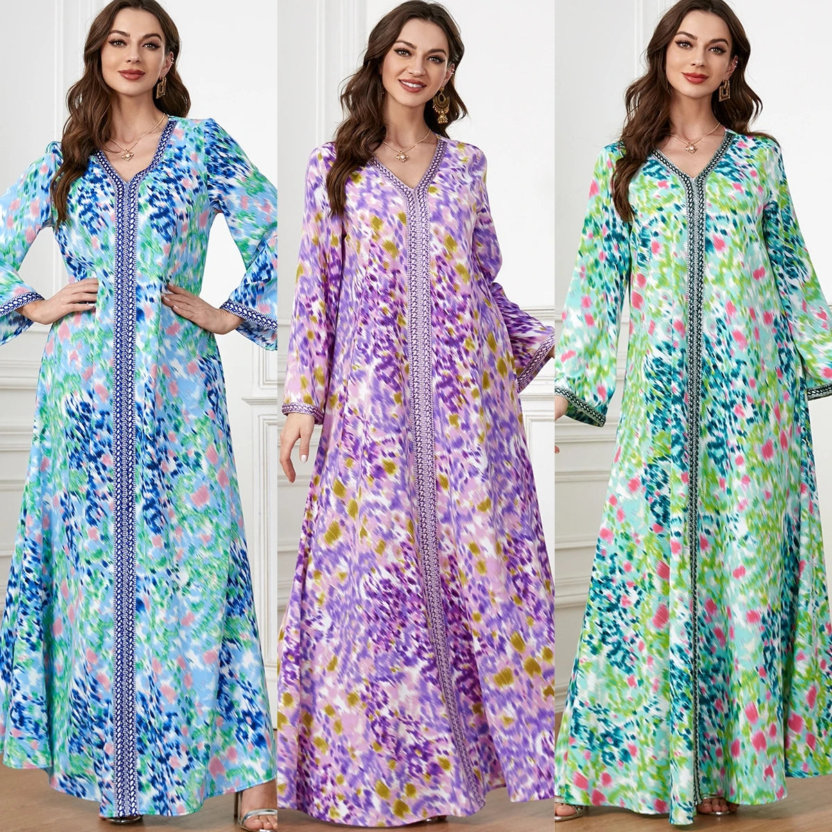 Abaya Women Muslim Dress Cheapest V-neck Long Sleeve Printed Plus Size Dress Traditional Muslim Clothing&Accessories