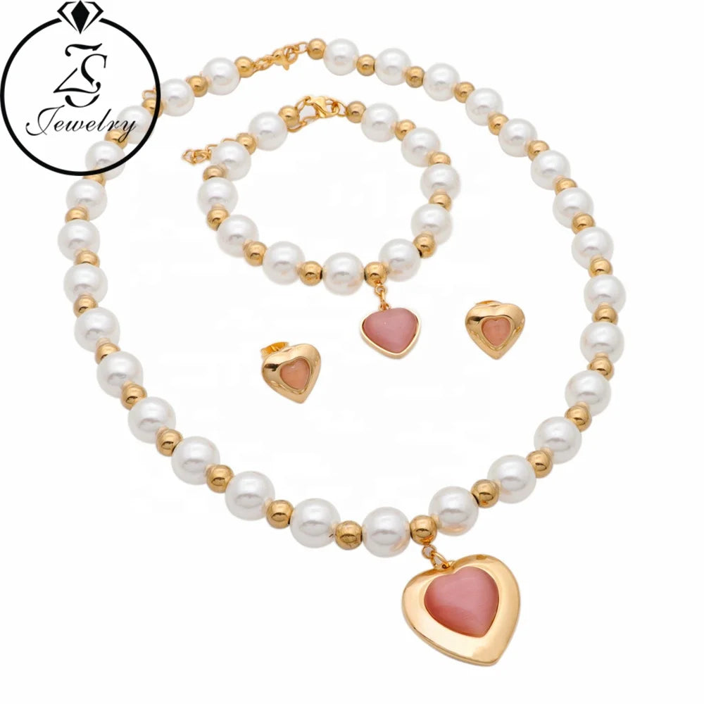 Heart Heart Necklace and Earring Set White Stone Necklace Set Dubai 18k Gold Jewelry Big Set