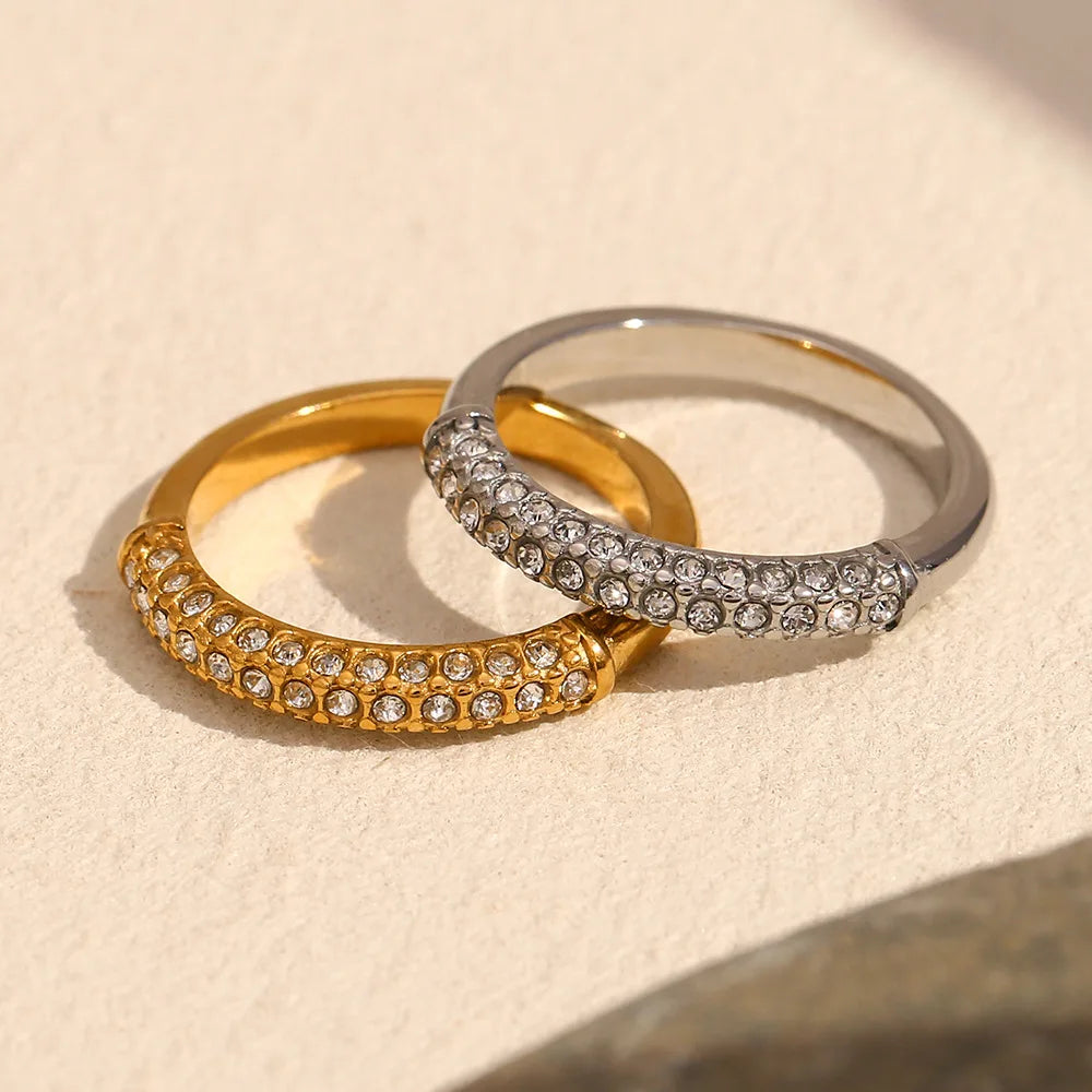 Customized Ins Fashion Personality All-Match Jewelry Stainless Steel 18K Gold Plating Simple Half Diamond Ring for Women