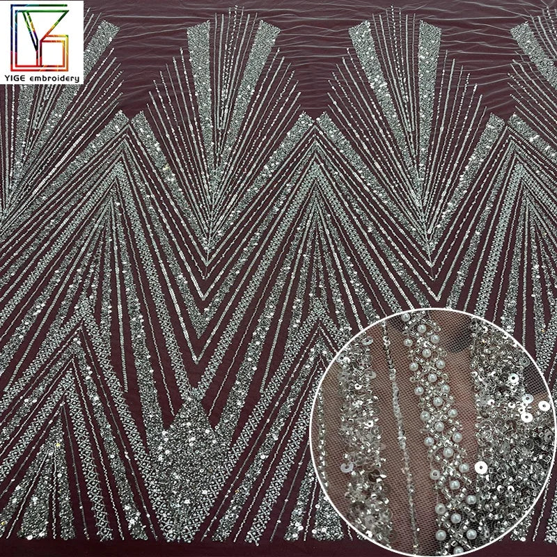 Luxury African Beads Lace Fabric Sequins Tulle Pearl Lace Bridal Wedding Embroidered Beaded Lace Fabric