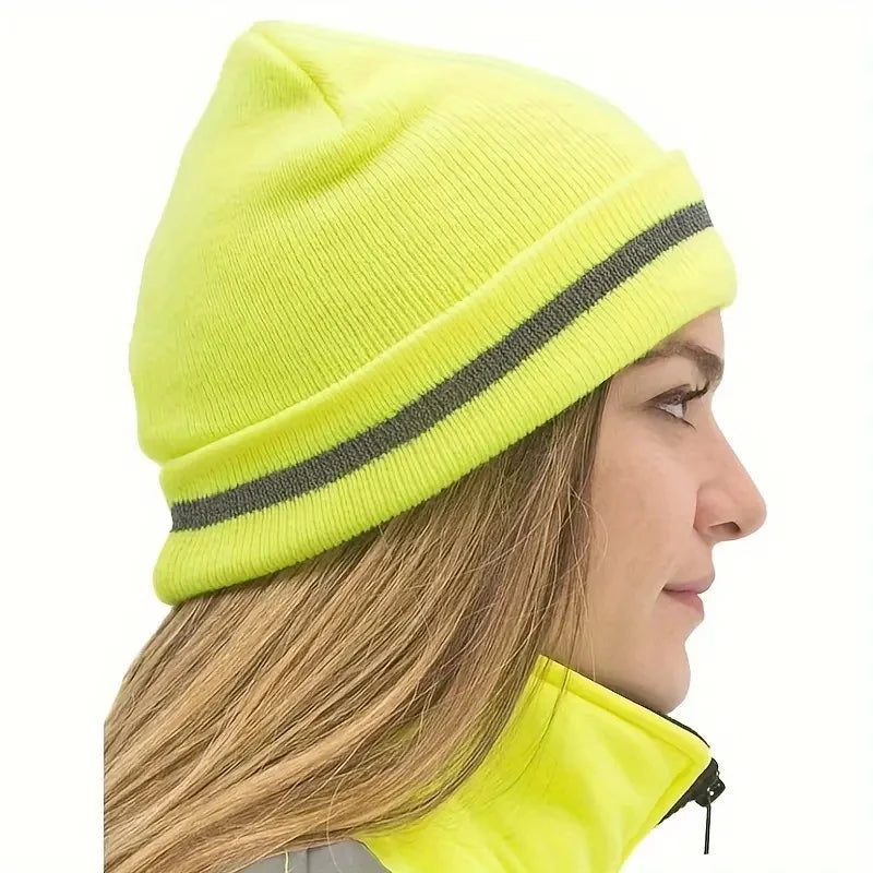 Reflective Knit  Night Running Hat Safety Beanies Adult High Visibility Beanie Neon Knit Caps With Reflective Stripe