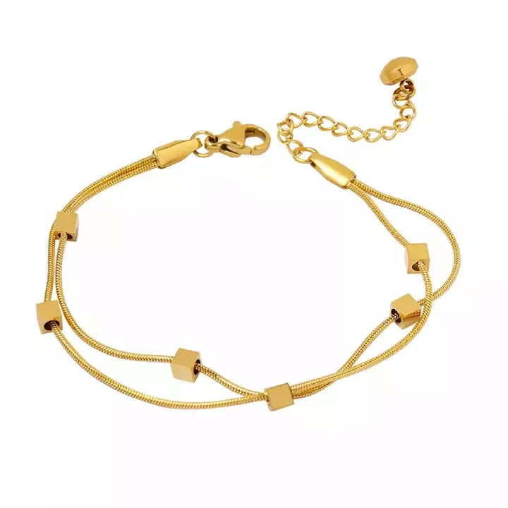 316L Stainless Steel 18K Gold Plated Jewelry Gift Double Layer Square Bead Bracelet for Women