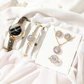 5pcs/set Fashionable and Creative Diamond Studded Round Watch+leaf Bracelet Set+earrings+necklace
