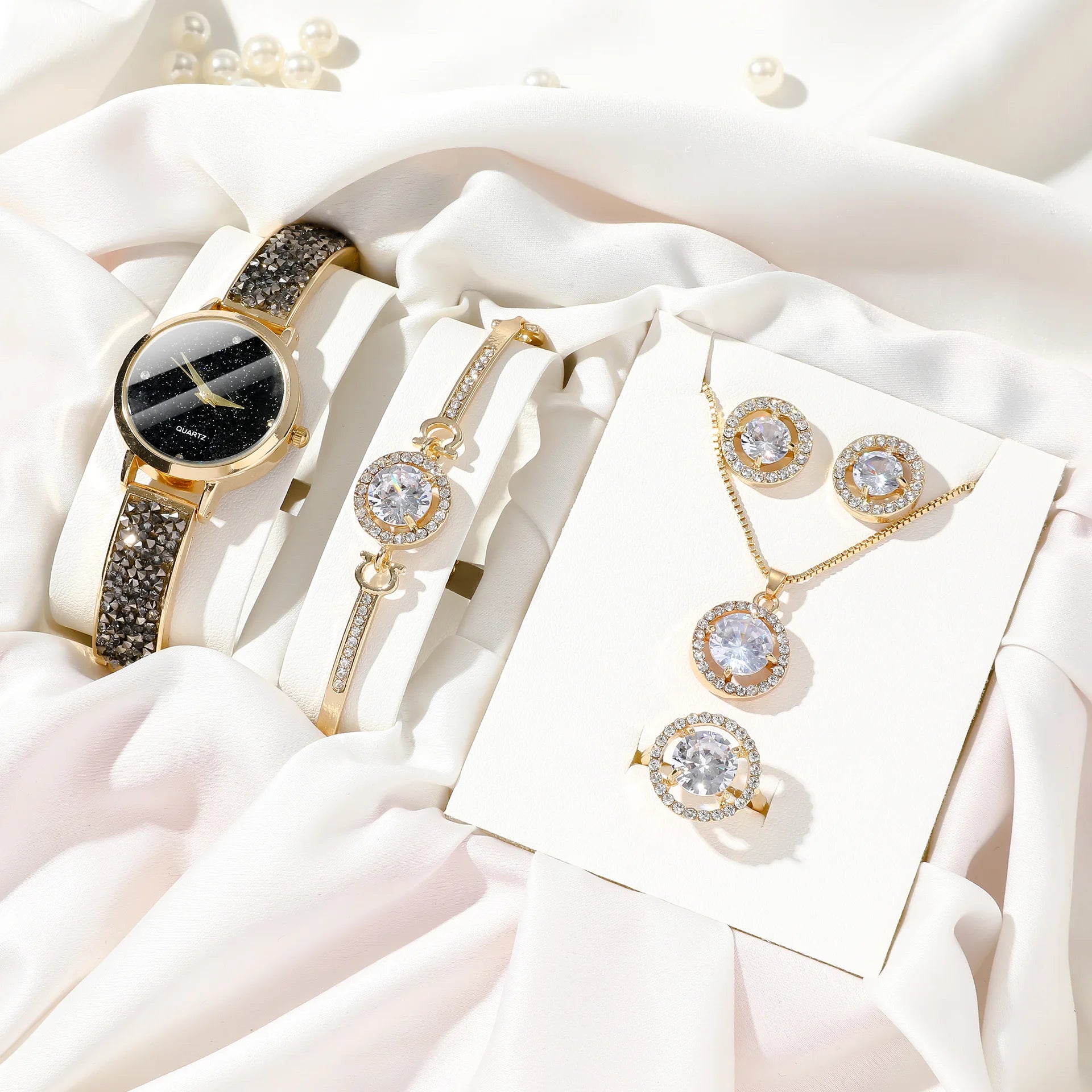 5pcs/set Fashionable and Creative Diamond Studded Round Watch+leaf Bracelet Set+earrings+necklace