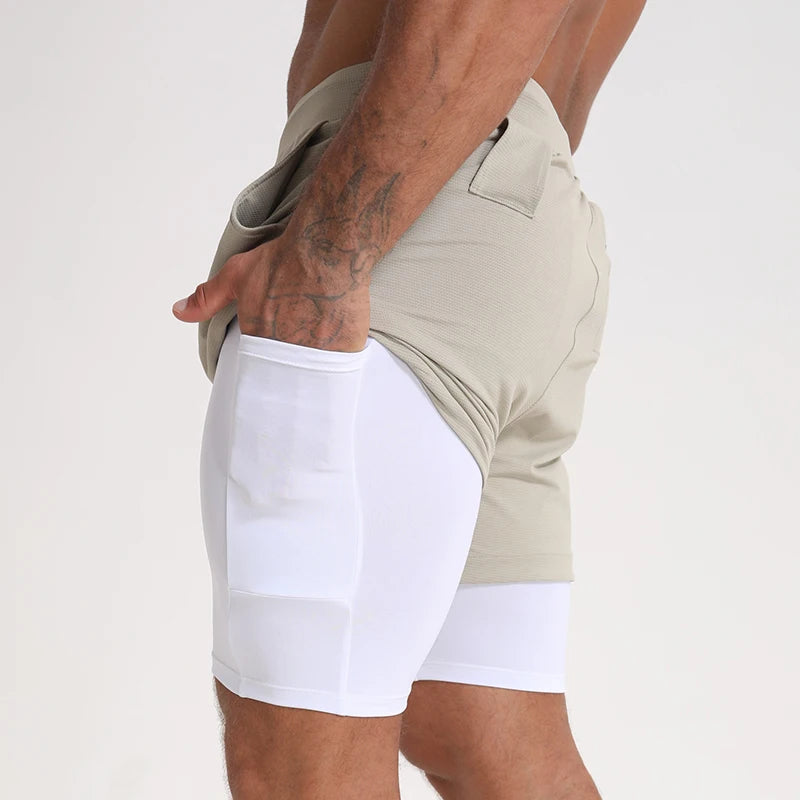 2 in 1 Bodybuilding Shorts Mens Athletic Shorts Active Wear Men Quick Dry Gym Shorts With Zip Pocket