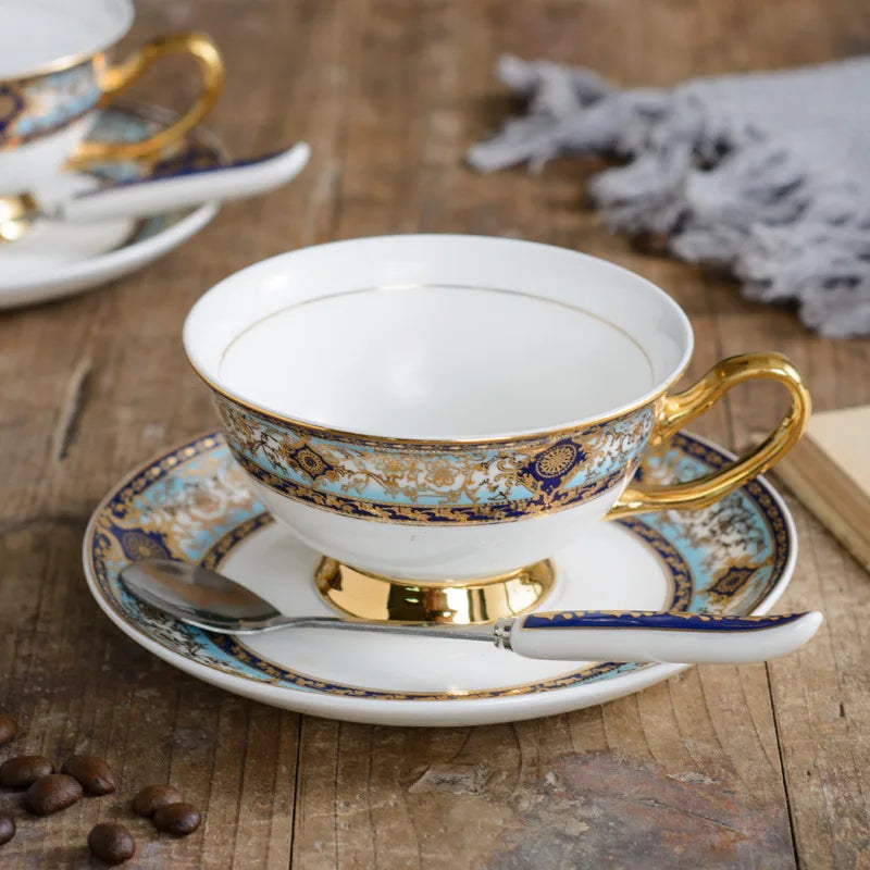 Wholesale Luxury 200ML Bohemia Pattern Bone China Gold Rim Glazed Ceramic Coffee Cups with Saucer