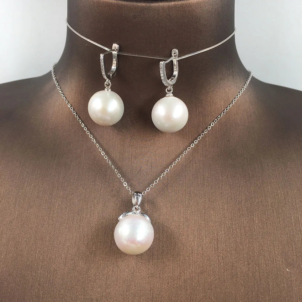 925 Silver Natural Pearl Jewelry SetAA 14-16 MM Big Perfect ROUND Nature Freshwater Pearl Pendant Necklace and 925 Earring