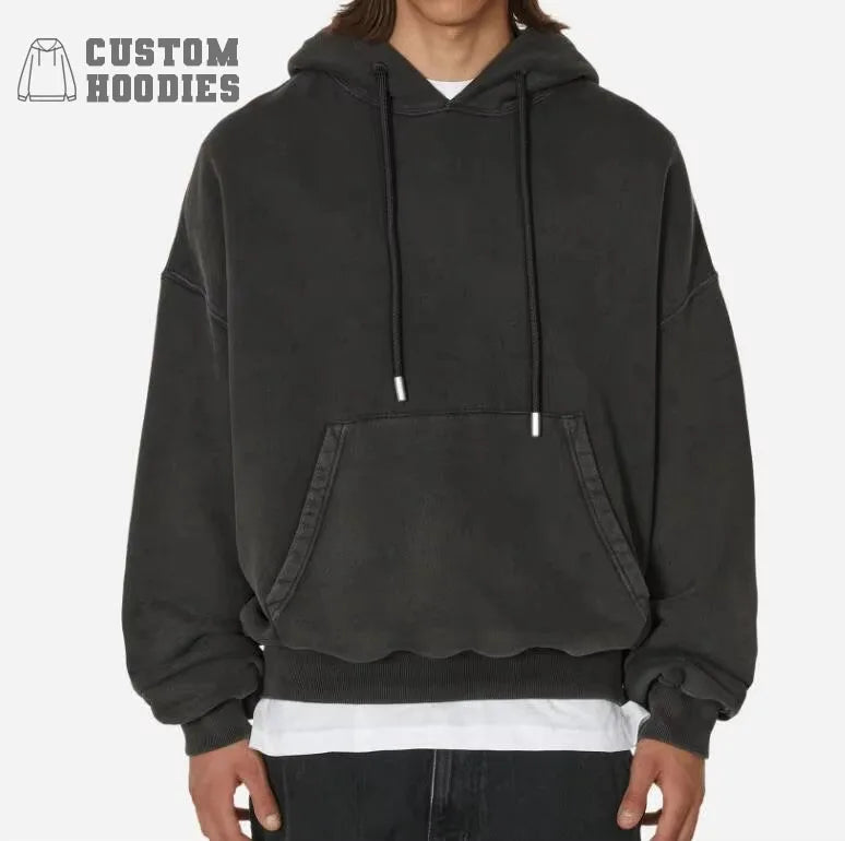 Custom Luxury Men's Oversized Solid Acid Washed 3D Embroidery Pullover Hoodie Heavyweight Streetwear