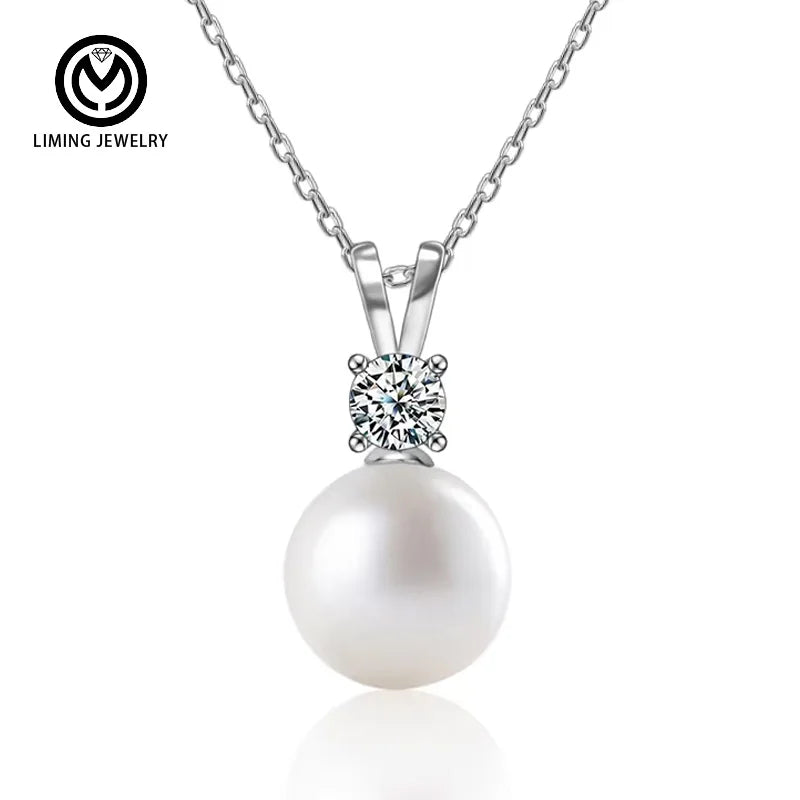 XMZ061 Korean Elegant Diamond 925 Sterling Silver 0.5Ct Moissanite Pearl Pendant Necklace Fine Jewelry for Women Gift