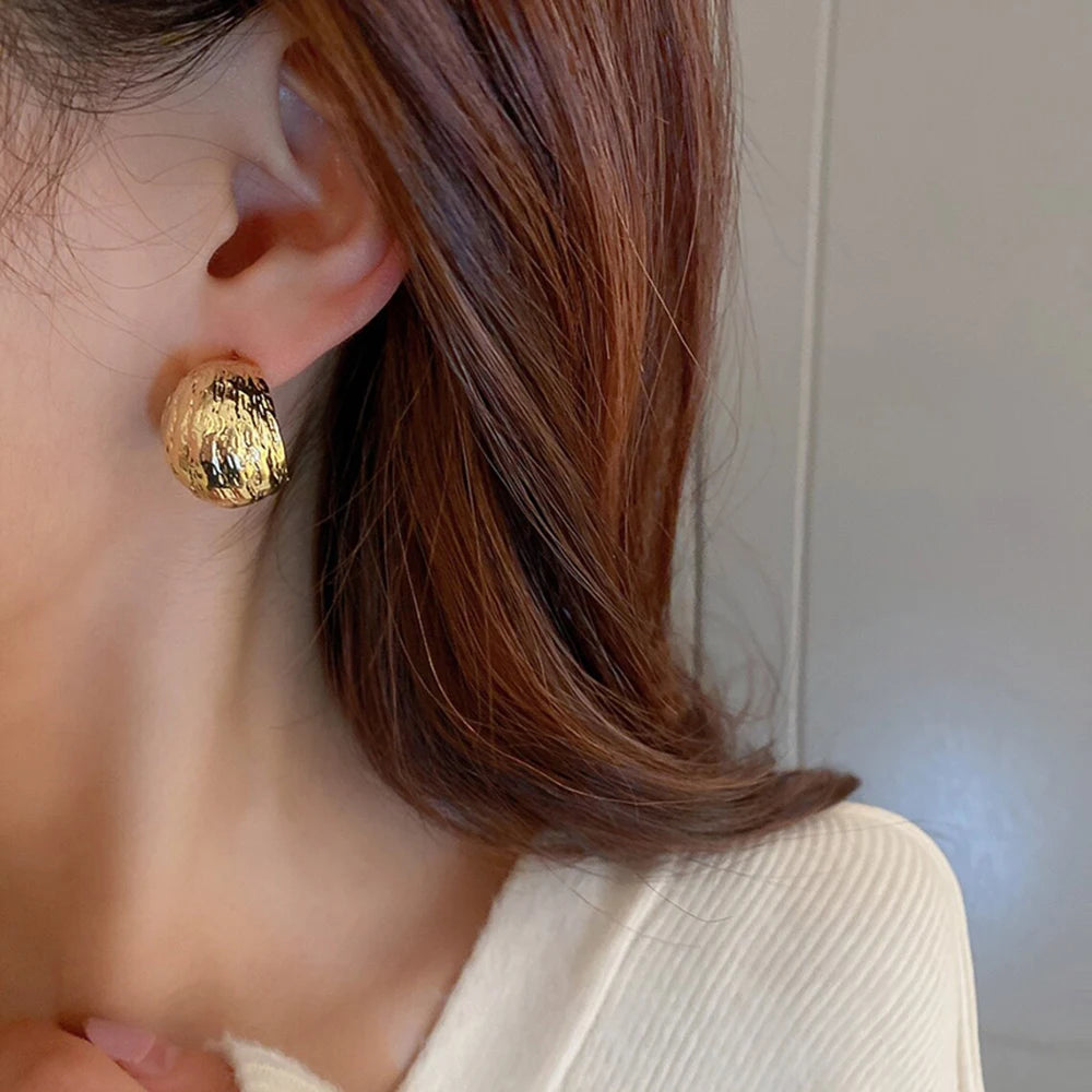 Vintage Stainless Steel Gold Plated Trendy C Shape Textured Hoop Earrings for Ladies Hypoallergenic Jewelry