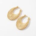 QIAOREN 12493 Sunburst Oval Hoop Earrings Gold Stainless Steel Textured Wide Ray Hoops Women Statement Jewelry US