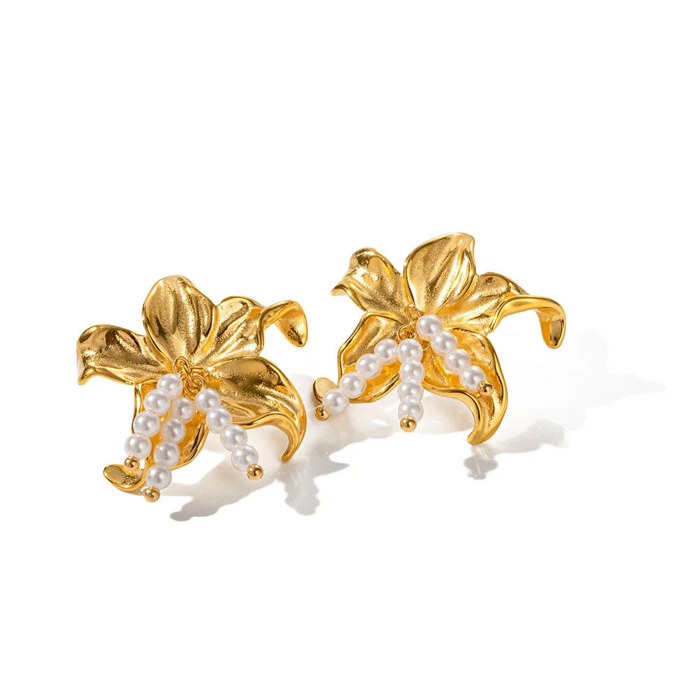 Aretas Ins Wholesale Popular 18K Gold Stainless Steel Star Pearl Drop Irregular Ear Jewelry Design Flower Earrings