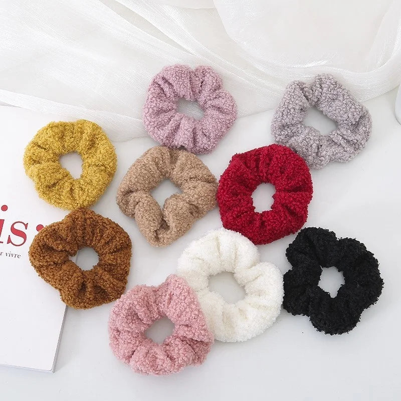 Teddy Faux Fur Hair Scrunchies for Women Girls Fashionable Sweet Rabbit Fluffy Ball Pom Pom Hair Bands Made of Polyester Fabric