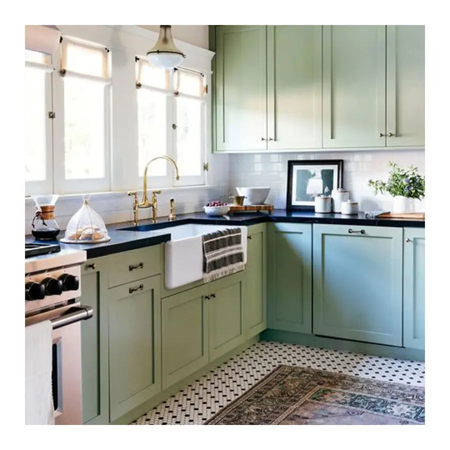 NICOCABINET Custom L-Shape Green Kitchen Cabinet High Gloss Smart Modular Design Solid Wood Shaker Plywood Sink Backsplash