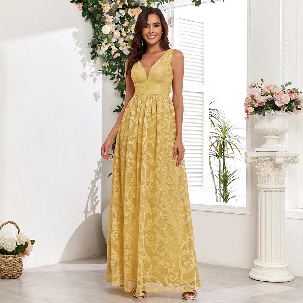 TW00138 Trendy Elegant Long Gown Evening Dress Sleeveless Lace Pattern V-neck A-line Fully Lined Long Dresses Women Party Dress