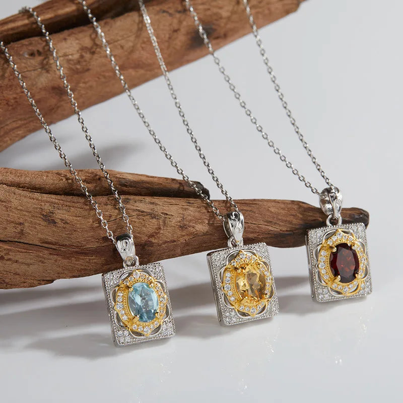 Aimgal Fine Jewelry Natural Garnet Yellowstone Topaz S925 Silver Plated 18K Gold Pendant Chain Necklace Trendy for Wedding
